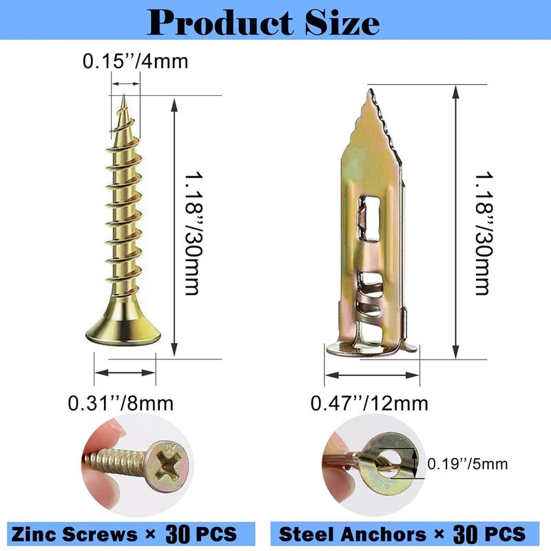 AXK 60PCS 0.47x1.18 inch Self-Drilling Anchors, Ancors and Screws for Heavy Duty, Metal Screw Anchors Kit, No Drill and Holes in Wall - Image 2